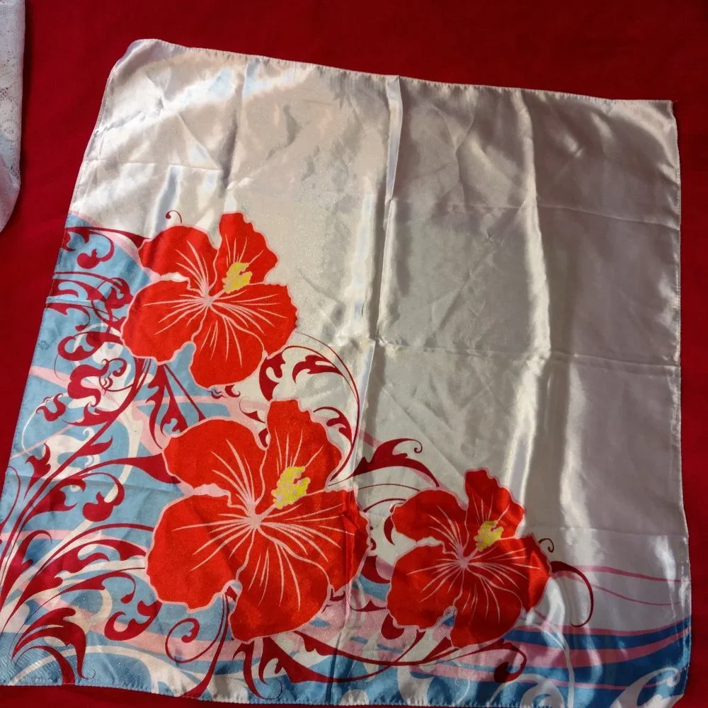 White Silky Red Flower Print Scarf
